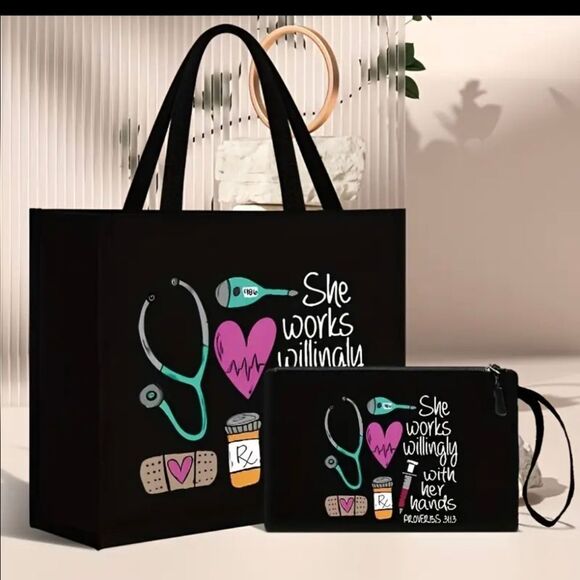 2pcs Nurse Theme Tote Bag & Matching Wristlet - Picture 2 of 5